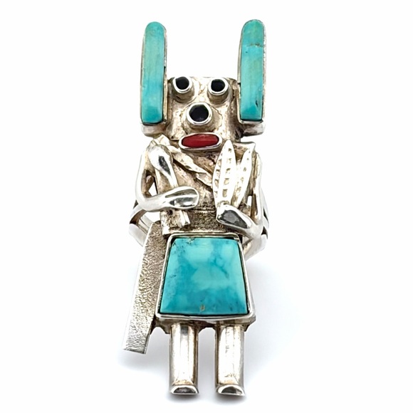 Jerry Roan Jewelry - Vintage Native American Kachina Ring Turquoise & Coral Sterling UNISEX